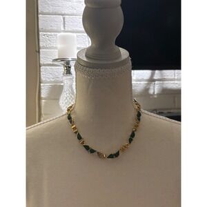 Gold Tone Emerald Green Enamel Geometric Link Necklace with Adjustable Chain